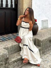 LBSFY  -  Women Elegant Contrast Pleated Hem Loose Long Dress Casual Square Neck Sleeveless Backless Vestido 2025 Chic Lady Vacation Robes