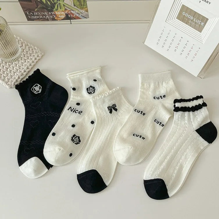 Lbsfy Women's Ankle Socks Spring Summer Black White Fashion Cute Kawaii Lolita Thin Cotton Mesh Breathable Low Tube Socks Calcetines