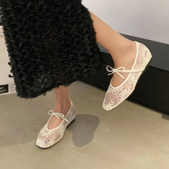 LBSFY -Mesh lace inner heightening women's shoes 2025 summer new sexy square head shallow breathable ballet shoes bow flat shoes