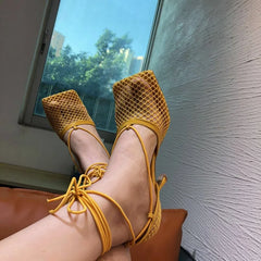 LBSFY  -  Ankle strap bandage sandals Woman summer 2024 square toe hollow out mesh pumps Lace up cross tied elegant high heels shoes trend