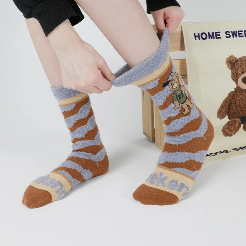 Lbsfy Winter Warm Women's Socks Cute Bear Cartoon Velvet Floor Socks for Women Soft Home Indoor Funky Sock Comfortable High Quality