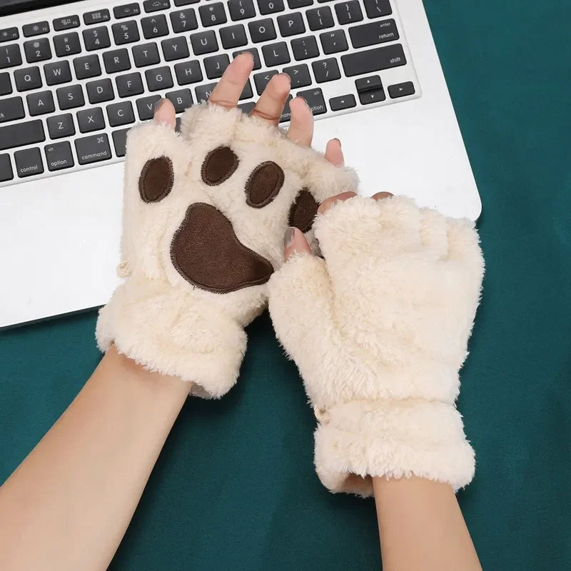 Lbsfy 1Pair Winter Gloves Women Bear Plush Cat Paw Claw Cute Kitten Fingerless Mittens Christmas Halloween for Girls Gift Gloves