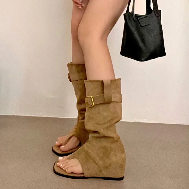 LBSFY -Fashion Open Clip Toe Pleated Ankle Boots Sandals Women Short Booties Designer Wedges High Heels Ladies Shoes