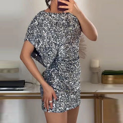 LBSFY  -  Women 2025 One Shoulder Short Sleeve Club Dress Elegant O-Neck Sequin French Style Glitter Dress Spring Temperament Party Dress