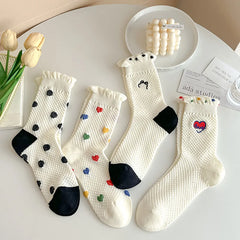 Lbsfy White Socks Women Polka Dot Heart Print Japanese Kawaii Cute Harajuku Street Middle Tube Short Crew Ruffle Socks For Girls Gift