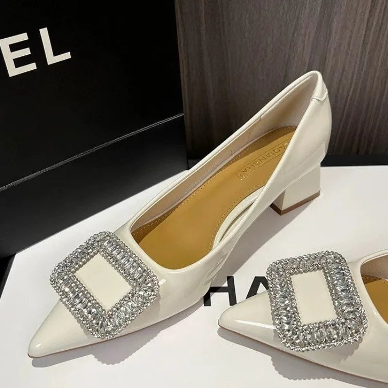 LBSFY -New Style Luxury Women's Fashion Metal Crystal Splice Women Pumps Kitten Thick Heel Elegant Party Ladies Shoes Zapatos De Mujer