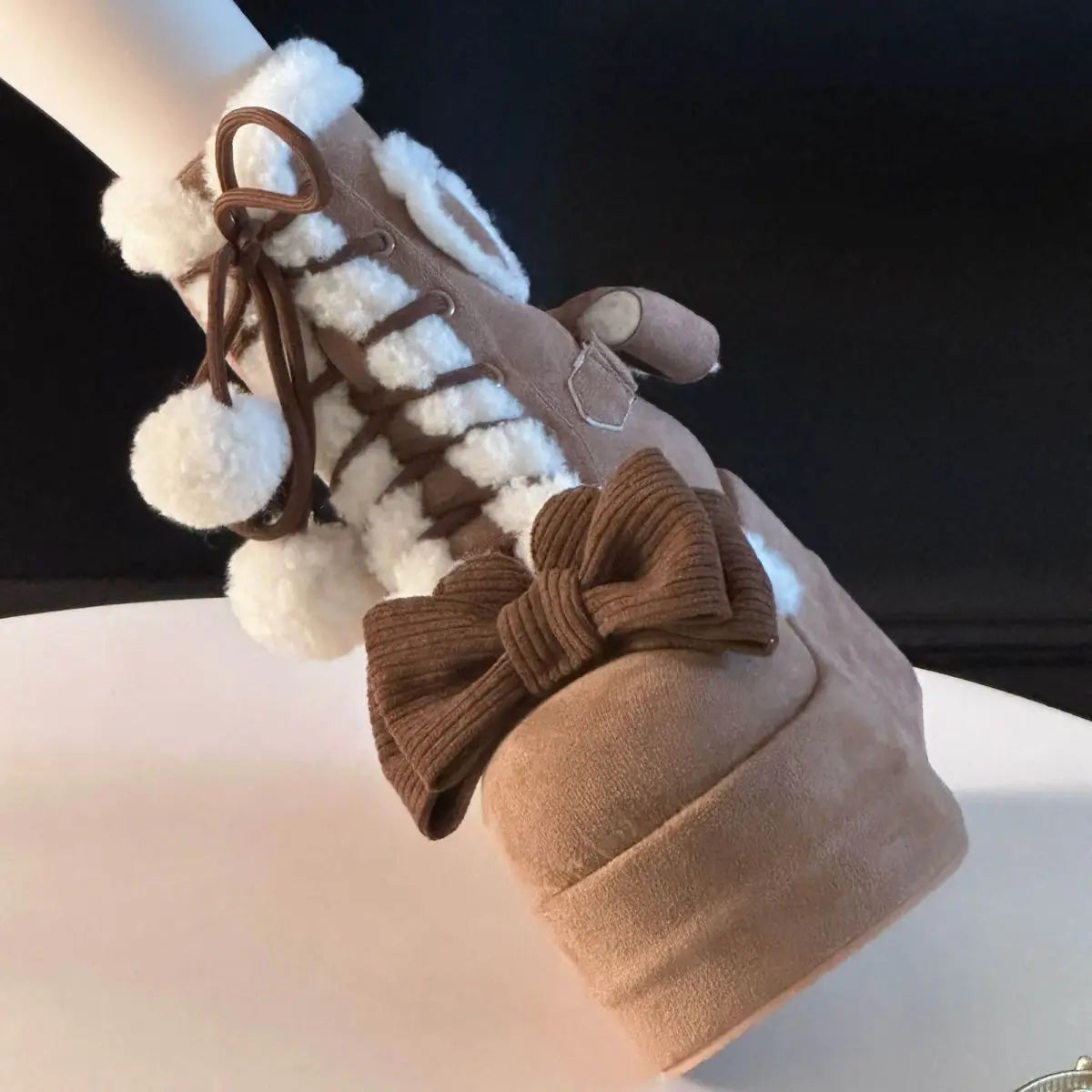 LBSFY  -  Sweet Winter Girls Lolita Mid-Calf Snow Boots,Cute Female Students Plush Warm Bowknots Lace Up Wedge Heel Heightening Shoes