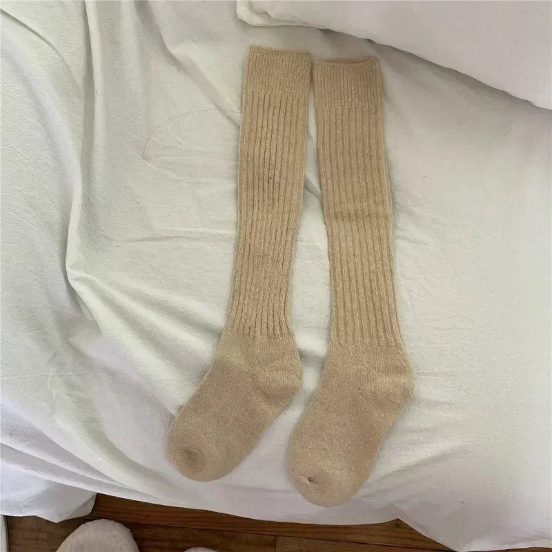 Lbsfy Wool Long Socks Cashmere Women Boot Solid Wool Thigh Stocking Skinny Casual Cotton Over Knee-High Fluffy Female Long Knee Sock