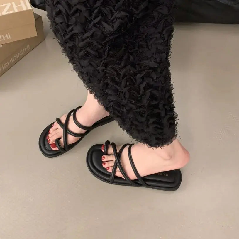 LBSFY -Summer Women Slippers Shoes Low Round Heel Narrow Band Gladiator Casual Sandal Ladies Casual Outdoor Beach Slides