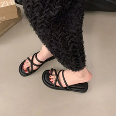 LBSFY -Summer Women Slippers Shoes Low Round Heel Narrow Band Gladiator Casual Sandal Ladies Casual Outdoor Beach Slides