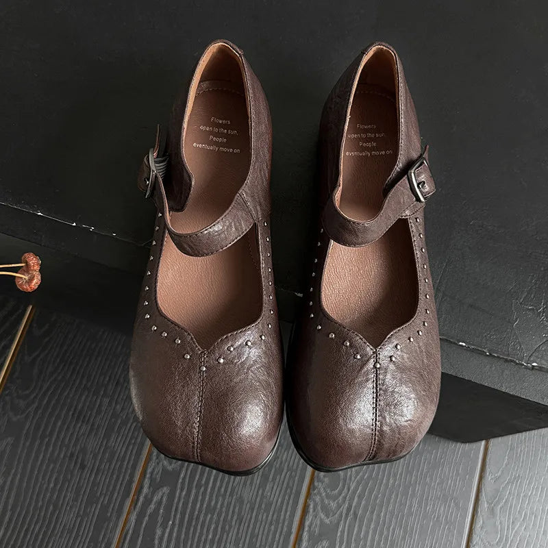 LBSFY  -   Fashion Pumps New High Quality Genuine Leather Shoes Rivet Low Heel Mary Janes Shoes Commuter Women's Shoes