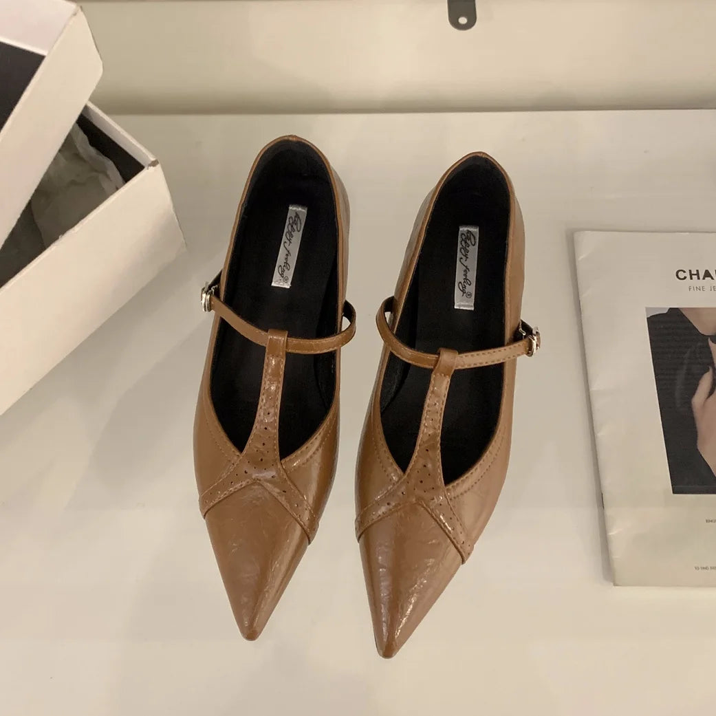 LBSFY  -Spring New Women Flats Brand Design Point Toe Women Ballet Shoes Casual Buckle Strap Female Dress Shoes Low Heels