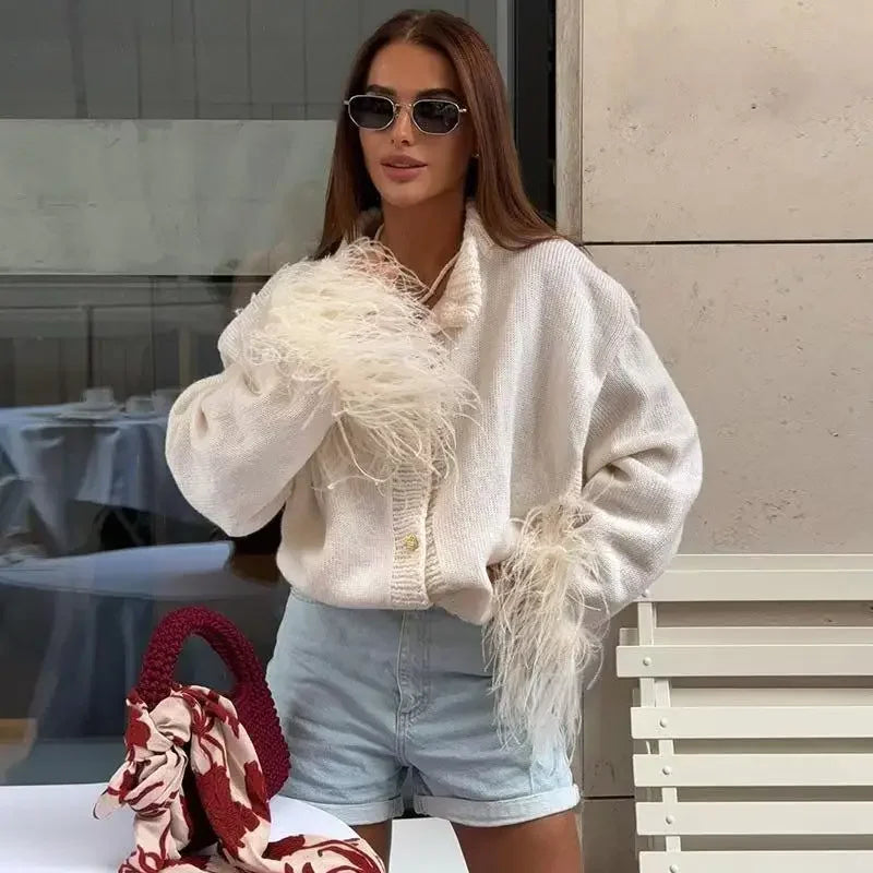 LBSFY  -  2025 Feather Patchwork Knitted Cardigan Women Fashion Long Sleeve Single Breasted Short Loose Sweater Coats Elegant Street Tops