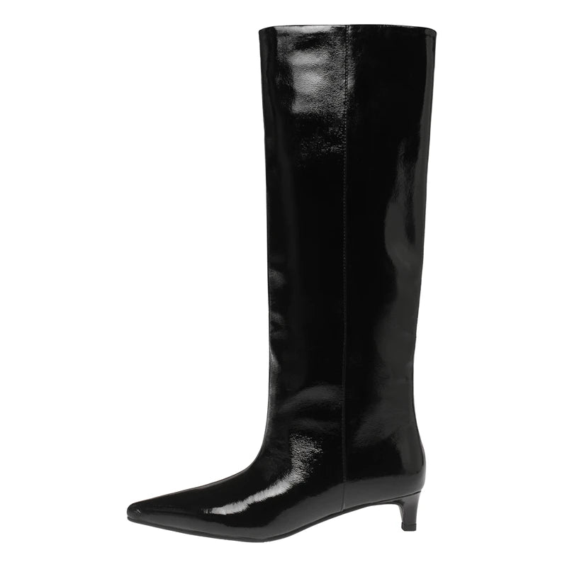 LBSFY  -  Ins Hot Genuine Leather Boots Women Mid Heels Pointed Toe Knee High Boots Slip On Fashion Long Boots Ladies Office Shoe
