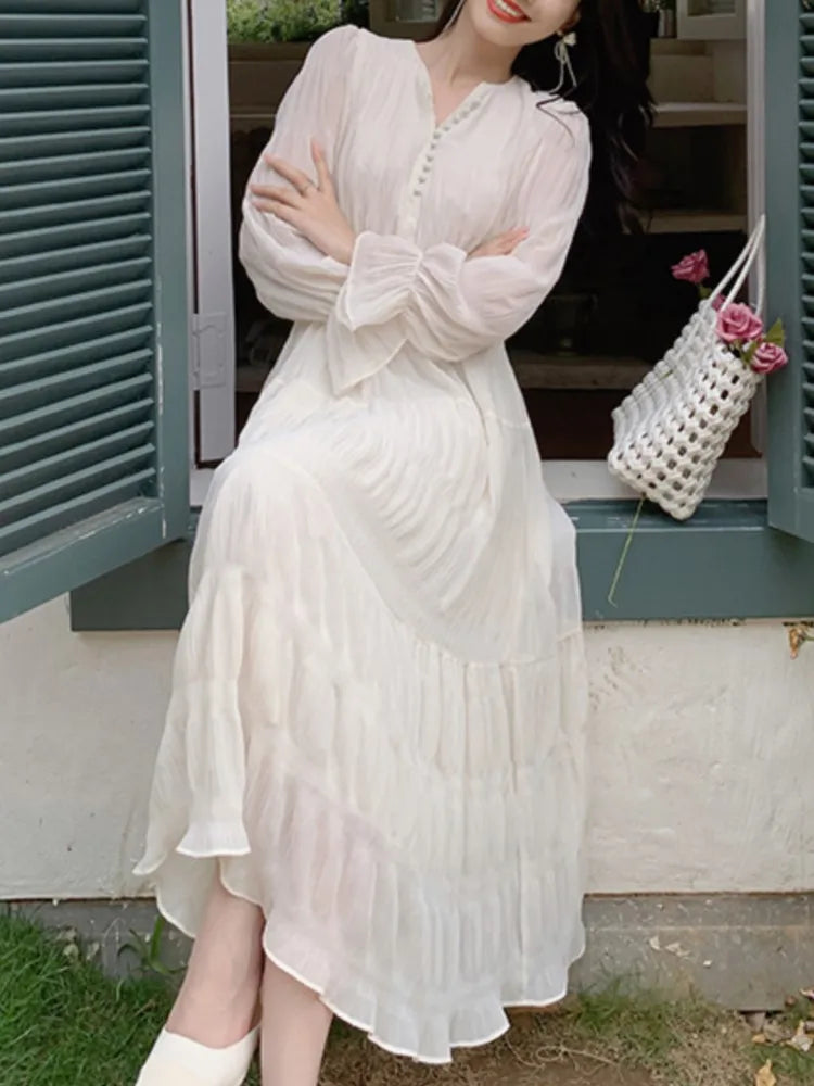 LBSFY -Elegant Princess Evening Dress for Women High Waist A-line V-Neck Autumn French Casual Prom Robe One Piece Vestidos Mujer New