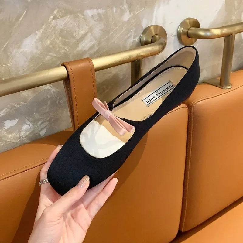 LBSFY -Luxury Bowtie Mary Janes Women Square Toe Shiny LeatherandSilk Flats Ballets Femmes Red Dance Party Ball Bridal Wedding Shoes