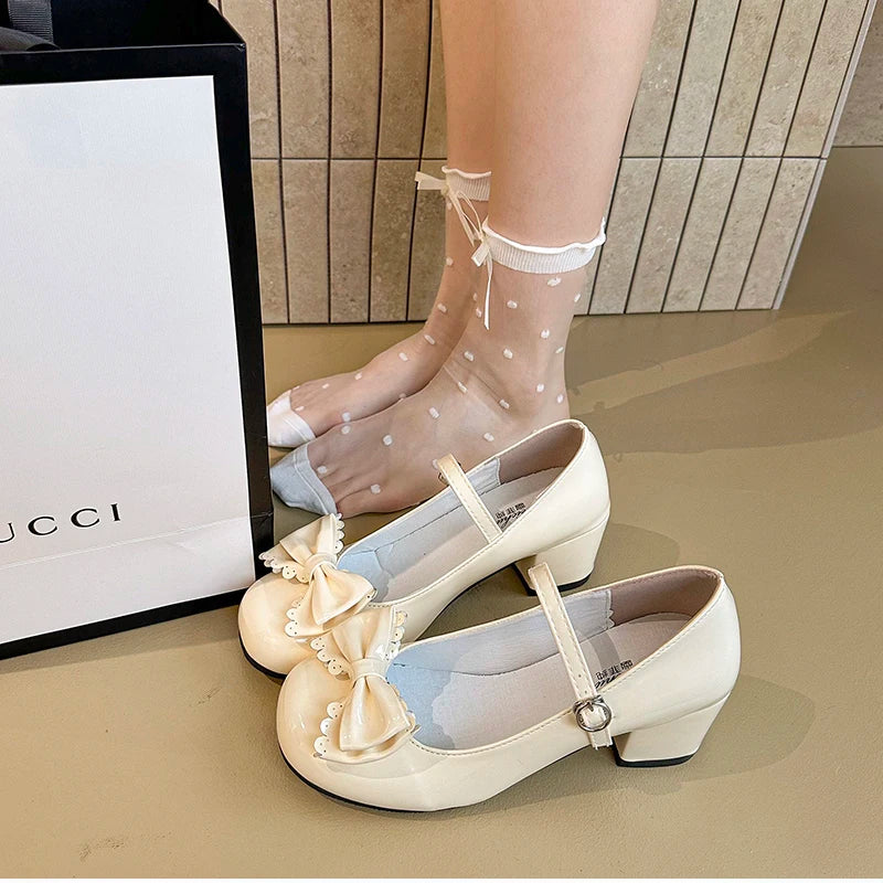 LBSFY -Cute Butterfly-knot Women Lolita Mary Jane Shoes Concise Thick Heel Leather Shoes Ladies Shallow Pumps