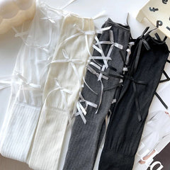 Lbsfy Lolita Long Socks Women Bandage Ribbon Bow Sweet Girls Kawaii Cute Middle Tube Socks Ballet Style Solid Color Black White Socks