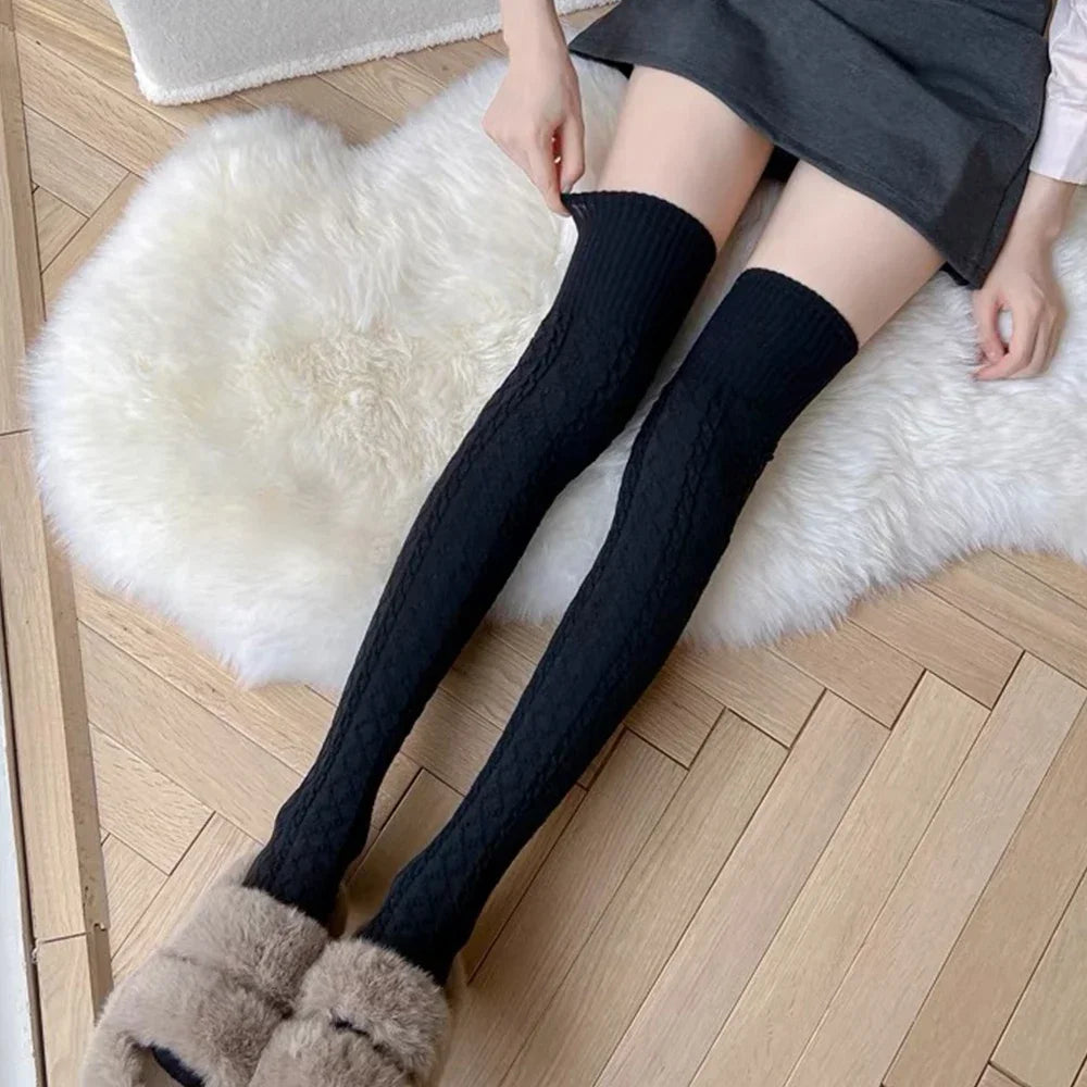 Lbsfy Wool Socks Woman Autumn/Winter Solid Color Thigh High Medias Lolita Thick Warm Stockings Black White Long Leg Socks for Female