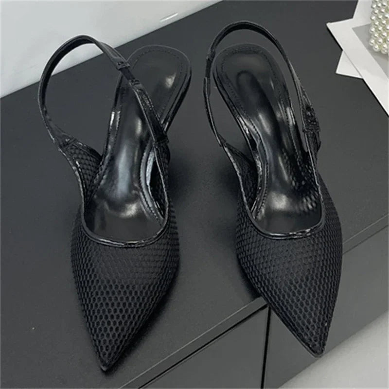 LBSFY -Summer Breathable Mesh Pointed Toe Women Pumps Elegant Slingbacks Thin Low Heels Party Dress Shoes BIG SZIE 43