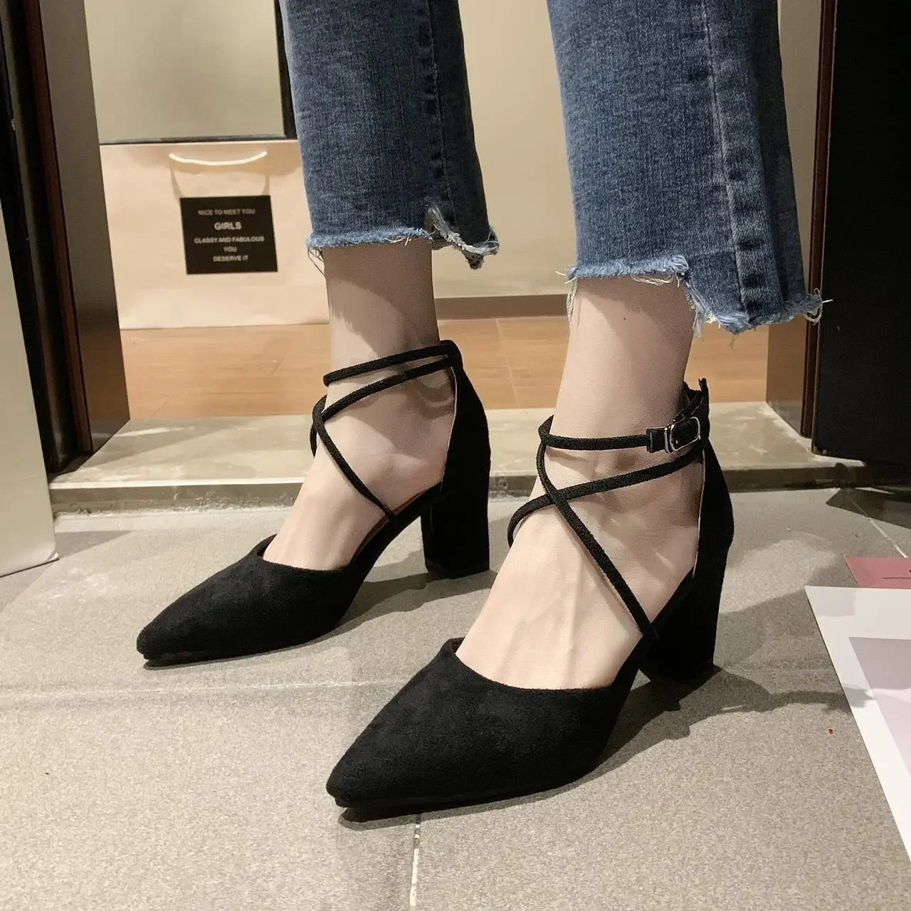 LBSFY -New Spring Autumn Women Heels Ankle Cross Strap Thick High Heel Sexy Female Shoes Casual Suede Black Pointed Toe Pumps