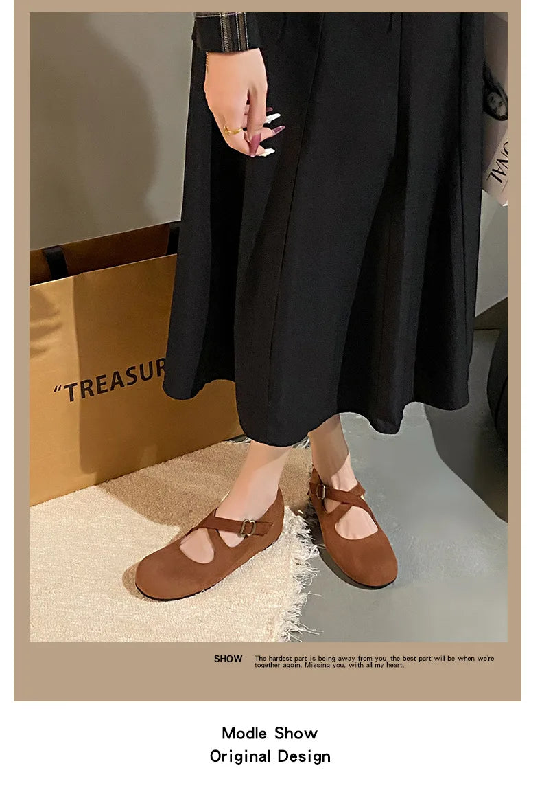 LBSFY -Retro Faux Suede Flat Internal Increase Women Dance Shoes 2025 Spring Autumn New French Casual Commuting Mary Jane Shoes Woman