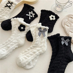 Lbsfy Women Cute Fuzzy Socks White Black  Winter Warm Fleece Kawaii Flower Bowknot Fluffy Socks Fashion Thicken Home Floor Sleep Sock