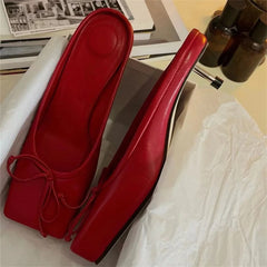 LBSFY  -  Fashion Square Toe Women Slippers High Heel Dress Pumps Red Shoes Woman 2024 Luxury Bowknot Ladies Sandals Runway Mules