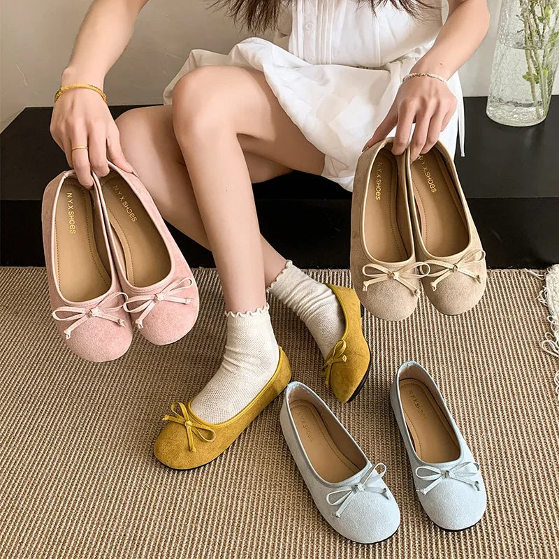 LBSFY -Spring 2025 Women's Flat Bottom Slip-On Shoes with Butterfly Knot round Head Bean Style Korean Fashion Low Cut Casual Shoes