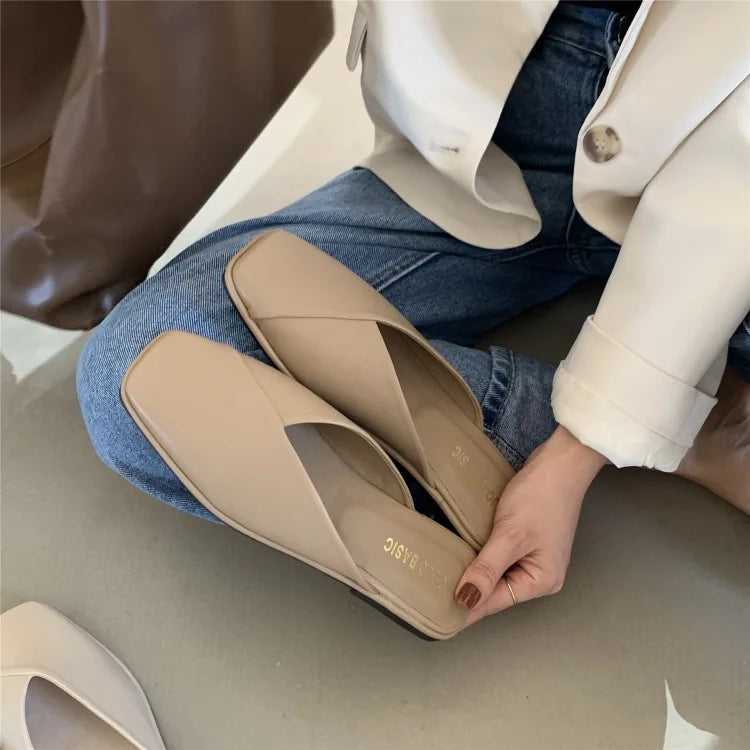 LBSFY -Flat Half Drag Slippers Square Toe Sandals 2025 Spring/Summer Outside Wear Casual Soft Bottom Mules Low Heel Sapatos Femininos