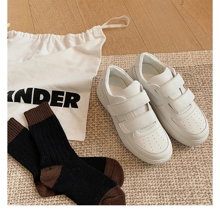 LBSFY  -  Thick Soled Height Increasing Velcro Board Shoes, Genuine Leather White Shoes Sponge Cake Single Shoes, Trendy