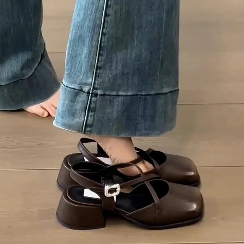 LBSFY -Designer Cover Toe Women Mary Jane Shoes Fashion Cross Buckle Singbacks Shoes 2025 Spring Female Thick Heel Shoes