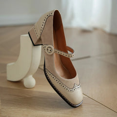 LBSFY  -  Genuine Leather Mary Jane Women's Shoes Fashion Retro Buckle Shallow Pumps Square Toe Thick Heel Handmade Shoes Woman Size 34-40