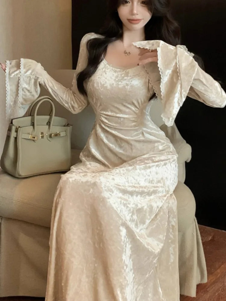 LBSFY -French Flare Sleeve Velvet Evening Dresses for Women Elegant Slim Waist Party Prom A-Line Vestidos Fashion Female Long Robe New
