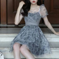 LBSFY -Korean Sweet Lace-up Mini Dress Elegant Print Puff Sleeve Ball Gown Birthday Party Short Dresses Summer Spring Princess Vestidos