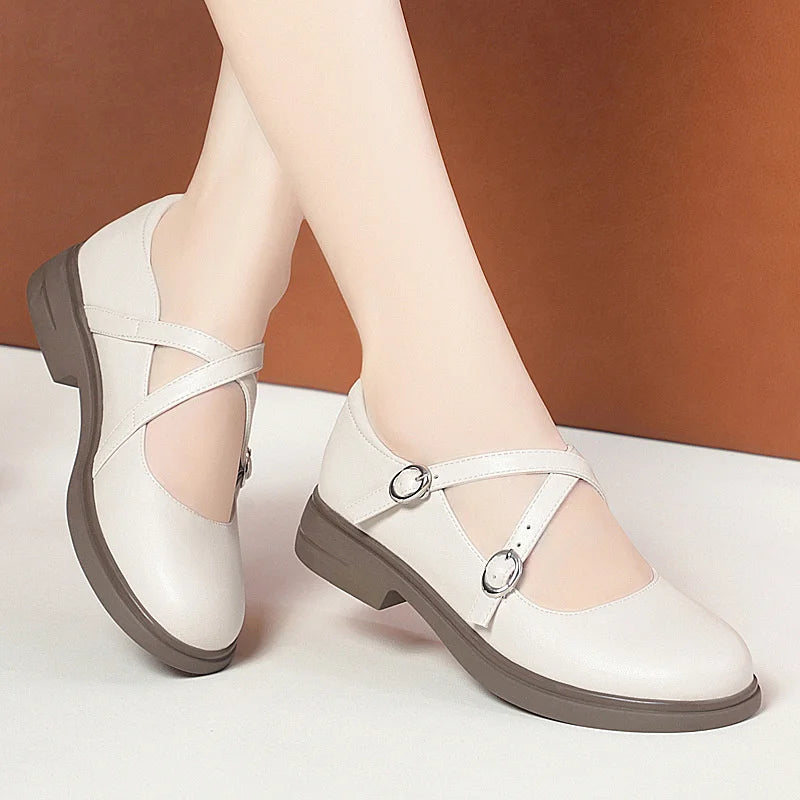 LBSFY -Spring Versatile Breathable Women Mary Jane Shoes Low Heel Buckle Strap Round Toe  Party Dance Soft Leather Single Shoes