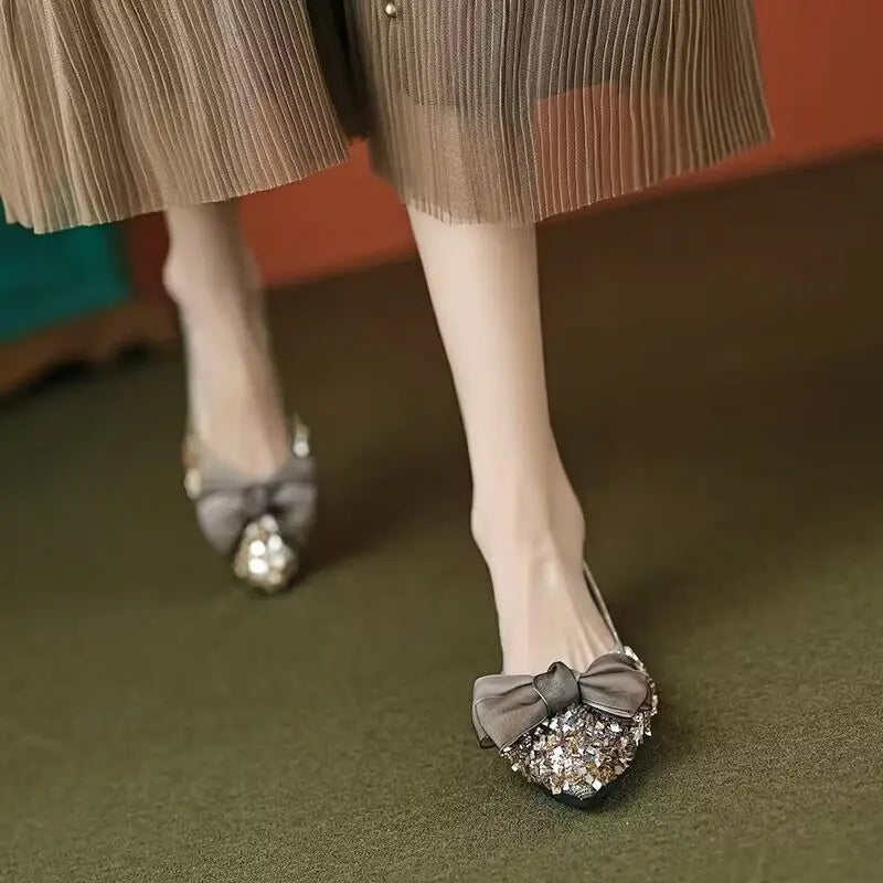 LBSFY -Sequins Wedding Bride Shoe 2025 Trend Pointed Toe With Bow Slip-on Shoes for Women Quick Delivery Y2k Fashion Summer Woman Flats