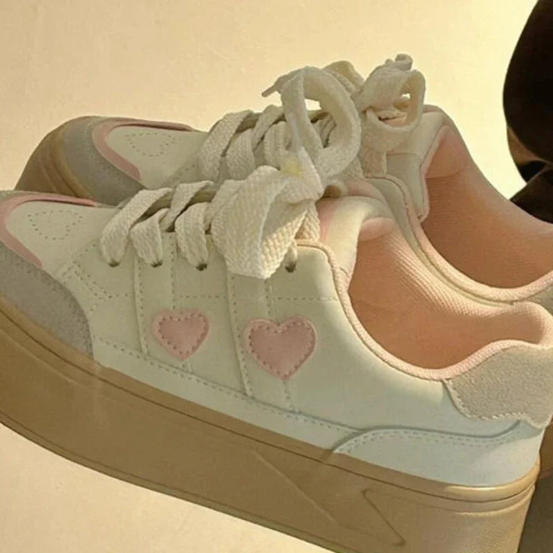 LBSFY  -  Pink Heart Patchwork Sneakers Sweet Korean Style Low-top Womens Sports Shoes Versatile Casual Pu Leather Female Shoes