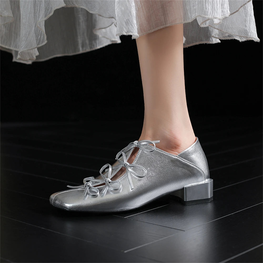 LBSFY  -  2025 Women Genuine Leather Square Toe Thick Heel Mature Sweet Dating Bowtie Party Wedding Shoes Woman Prom Pumps