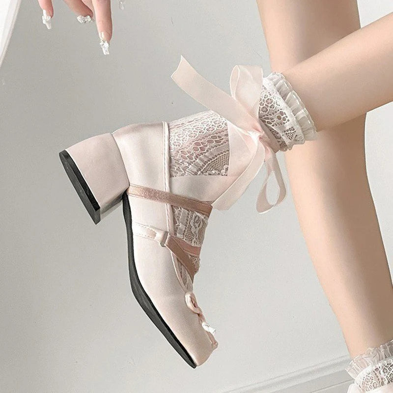 LBSFY -Lolita Cross Strap Pink Round Toe Shoes Ladies Sweet Butterfly Knot Med Heels Mary Janes Shoes Women Fashion Party Shoes Mujer