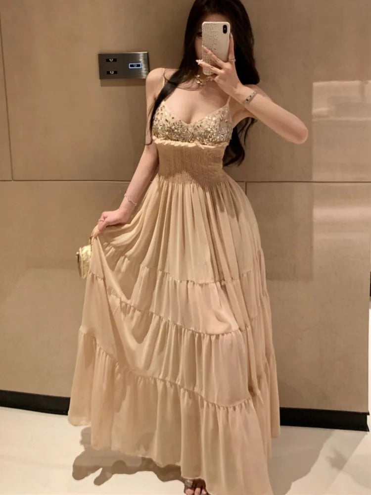 LBSFY -Y2K Elegant French Fashion Women's Evening Dresses Sequin Vintage V-Neck Backless Sexy Slim Midi Dress Prom Female Clothes New