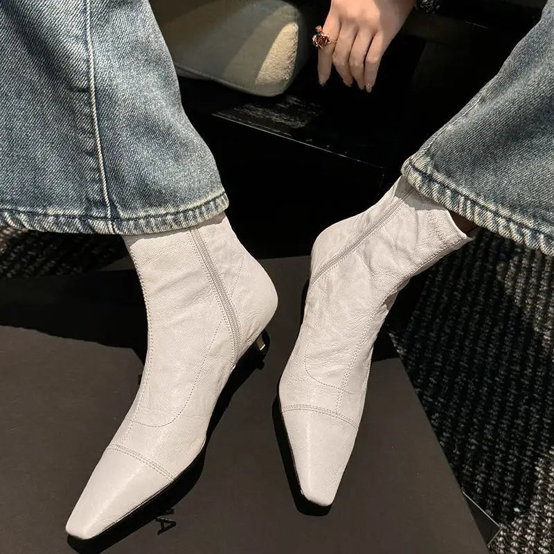 LBSFY  -  Plus Size 34-41 New Genuine Leather Boots Women Zipper Pointed Toe Mid Heels Autumn Winter Ankle Boos Wool Snow Boots