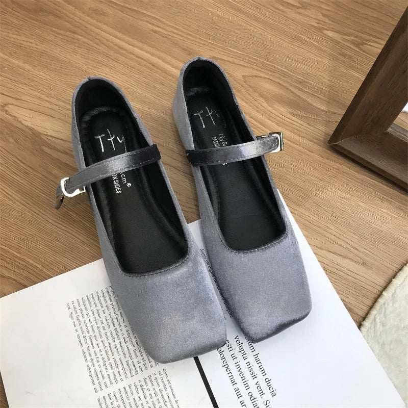 LBSFY -Fashion Women's Velvet Flats Ladies Square Toe Shallow Buckle Casual Ballet Shoes Slip-on Outdoor Mary Jane Shoes