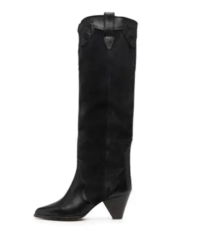 LBSFY  -  Genuine Leather Black White Mixed Color Pointed Toe Spike Heels Knee High Boots Women Slip On Tube Fashion Long Botas Shoes