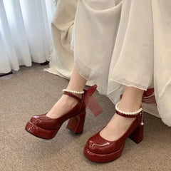 LBSFY -Mary Jane Shoes Women's Spring New Ultra-high Heel Pearl Chain with Platform Block Heel Wedding Shoes Lolita Shoes