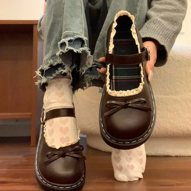 LBSFY -Butterfly-knot Lolita Women Leather Shoes Shallow Round Toe Ladies Concise Outdoor College Style Mary Jane Shoes