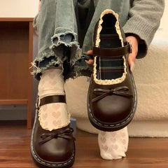 LBSFY -Butterfly-knot Lolita Women Leather Shoes Shallow Round Toe Ladies Concise Outdoor College Style Mary Jane Shoes