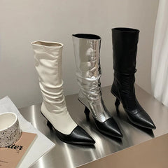 LBSFY  -  Fashion Short Boots Women New High Quality Genuine Leather Boots Wrinkled Pointed High Heels Mid heeled Boots Calf Boots