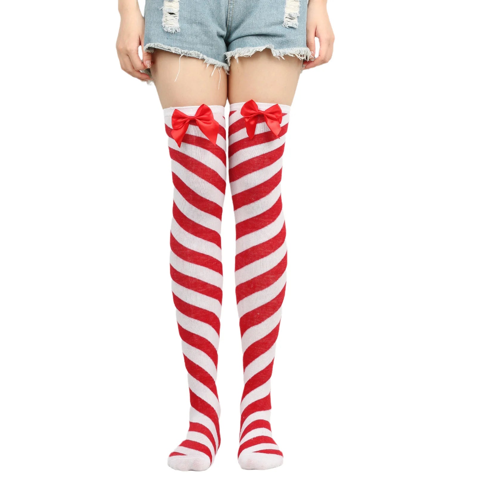 Lbsfy Diagonal Striped Women Christmas Stocking Candy Bow Socks Red Twill Stockings Stockings Knee Socks Halloween