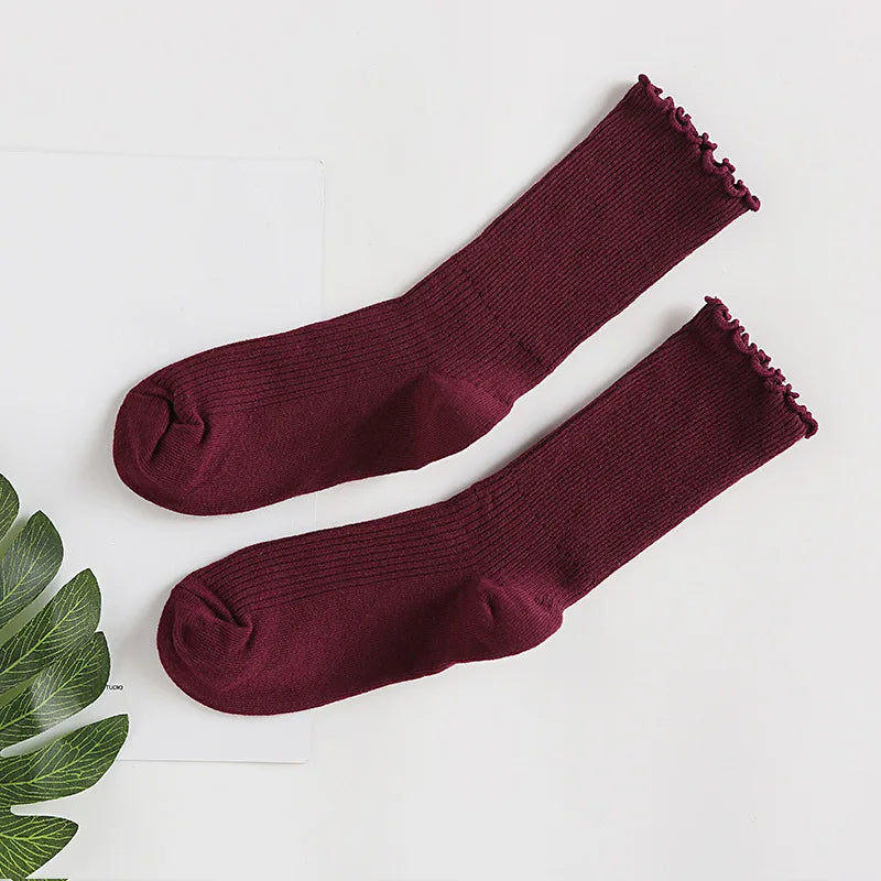Lbsfy Japanese Retro Ruffled Cotton Socks Women Solid Color Ankle Boot Styling Harajuku Christmas Girlfriend Gift Pink Yellow Cute